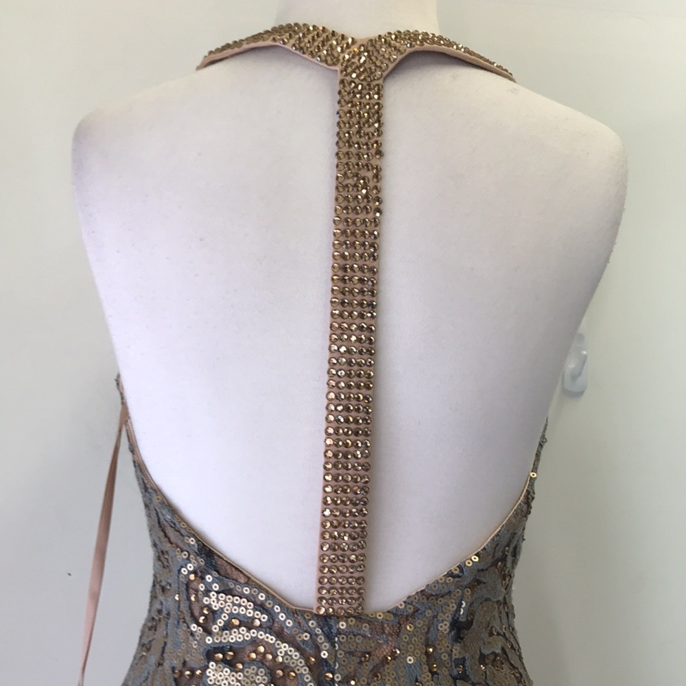 Jovani Project Runway Bronze Sequin Crystal Lace Formal Prom Gown - Picture 7 of 11